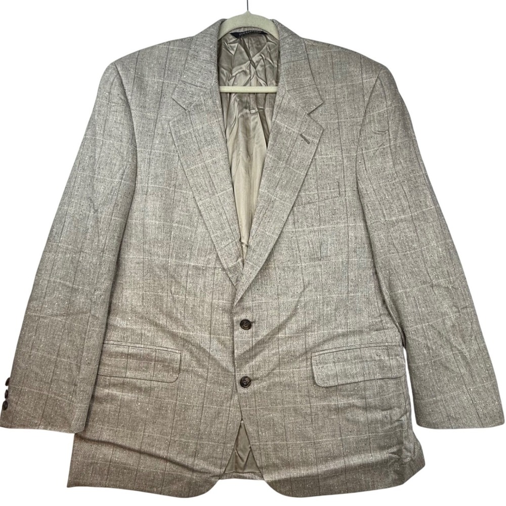 Vtg Burberrys Mens Blazer Jacket Tan Plaid 2 Button 100% Silk no size tag.